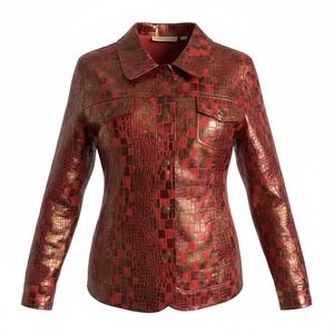 Bamboo Traders Red Gold Metallic Crocodile Embossed Button Front Jacke 2X